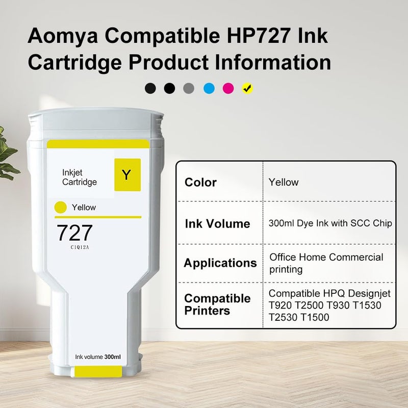 Aomya 300ml Yellow Ink Cartridge Dye Ink Compatible for HP 727 Works for DesignJet T920 T930 T1500 T1530 T2500 T2530 Printers - Image 2